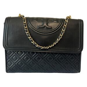 Tory Burch Fleming Leather Convertible Shoulder Bag Crossbody Black Quilted